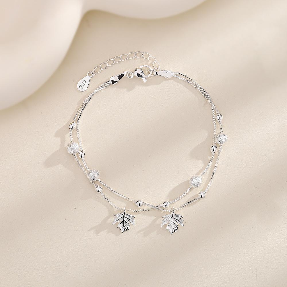 Чистое серебро S925, серебро, корейская версия, простой свежий матовый браслет с круглыми бусинами и геометрическим узором, штабелируемый двухслойный браслет с кленовым листом