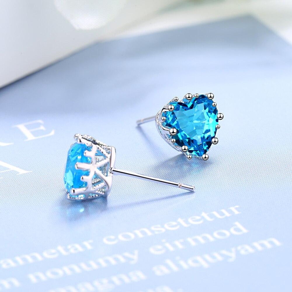 Sterling Tone Love Heart Women Ear Studs High End Female Crystal Stone Blue Cubic Zircon Stud Earrings Nuptial Wedding Occasion Celebration