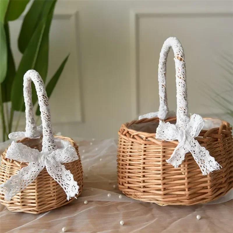 Корзина для хранения из натурального ротанга с ручкой, украшенной кружевом, Плетеная корзина для цветов для девочек на свадьбу, Плетеное ручное плетение, Изделия ручной работы