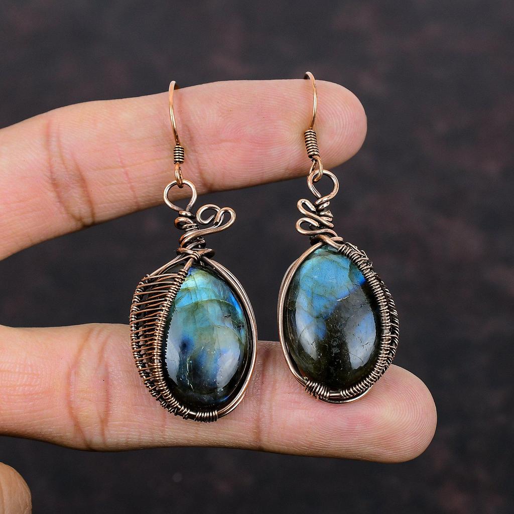 Labradorite Earring Copper Wire Wrapped Earrings Handmade Copper Jewelry Genuine Gemstone Earring Wire Wrapped Jewelry Special Occasion Gift