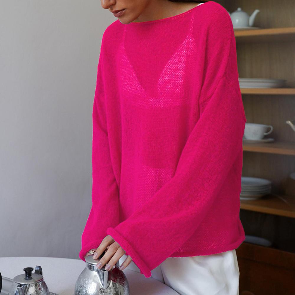 Ажурная трикотажная рубашка весна/лето женская перспектива тонкая большая круглая горловина рукав труба трикотажная футболка