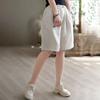 Women Shorts Elastic Button Decor Short Solid Color Pants Loose Fit High Waist Wide Leg Knee-Length