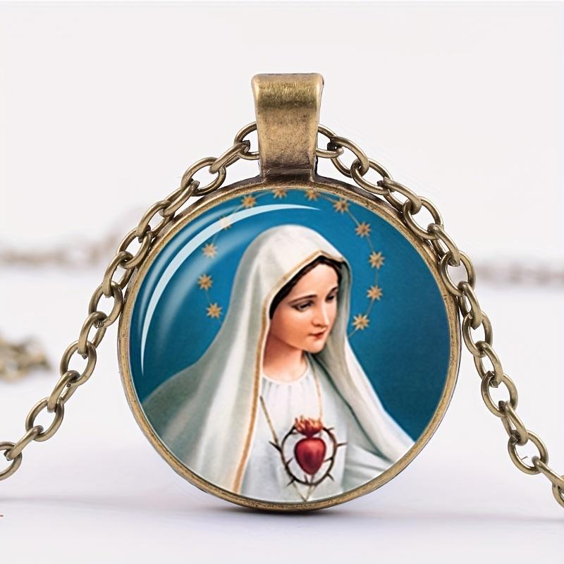 Vintage Jesus Virgin Mary Necklace Time Gemstone Glass Alloy Material Necklace