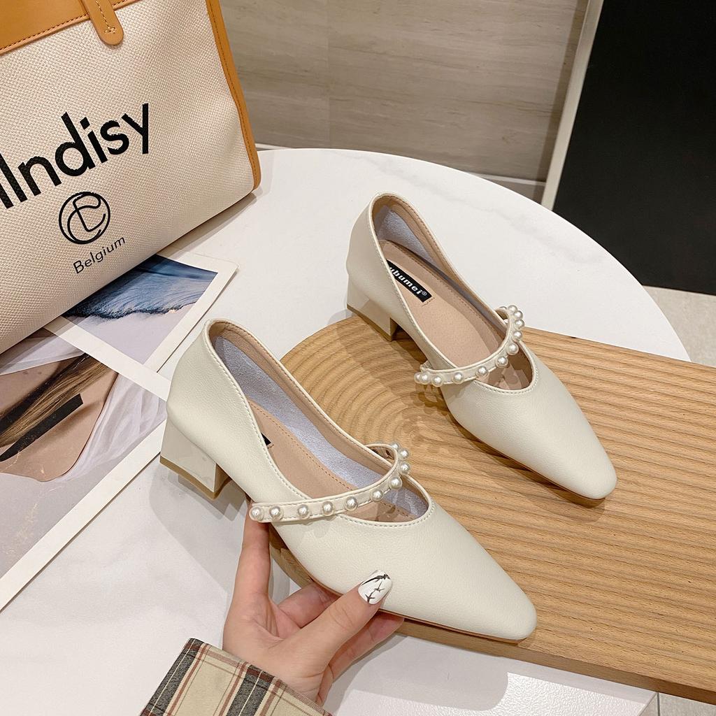 Real Leather Mary Jane Shoes Fairy Style Pearl Square Toe Single Shoes Chunky Heel French Retro Fashion Women's Shoes