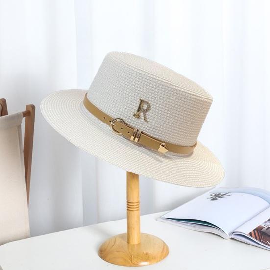 Women Sumemr Belt Letter Decor Rhinestone Flat Top Round Brim Retro English Style Solid Color Lightweight Vacation Beach Cap