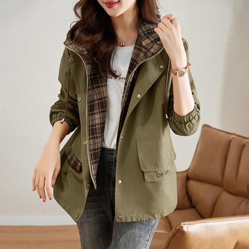 Korean Fashion Short Hooded Windbreaker Long Sleeved Loose Casual Outwear Coats Women Autumn Trench Coat Woman