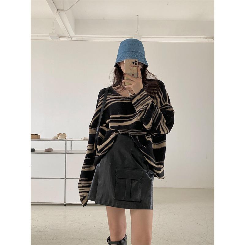 НОВЫЙ женский панк-готический полосатый свободный свитер с длинными рукавами в стиле хип-хоп, ретро-пуловер больших размеров, повседневные вязаные джемперы