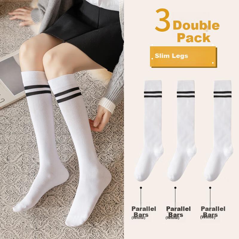 3 Pairs of Women's Thigh-High Socks, Japanese-Style Cotton Socks, Anti-Slip Long Tube Socks, High Tube White Striped Women's Socks for Outdoor Wear