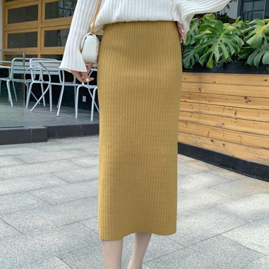 Women Knitting Skirt High Waist Back Slit Design Solid Color Midi Skirt Soft Breathable Thickened Warm Hip Wrapped Skirt