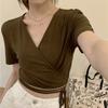 Летняя сексуальная футболка с V-образным вырезом, повседневная тонкая женская уличная одежда, футболки Harajuku с коротким рукавом для женщин, укороченные топы Y2k, винтажная одежда