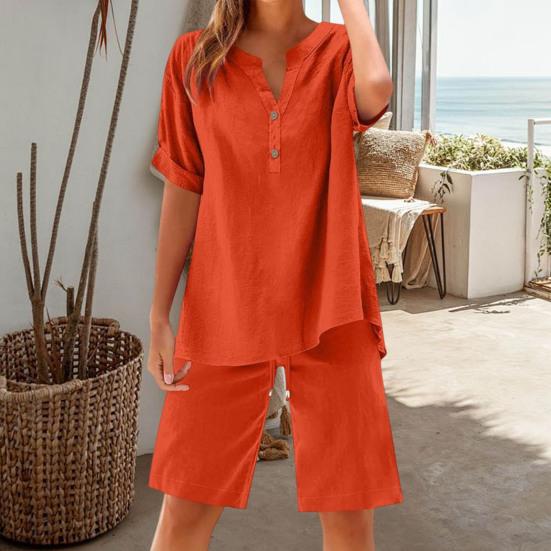 Комплект из 2 предметов из хлопка и льна для женщин, короткий рукав, V-образный вырез, широкие шорты, летний повседневный свободный комплект для отдыха