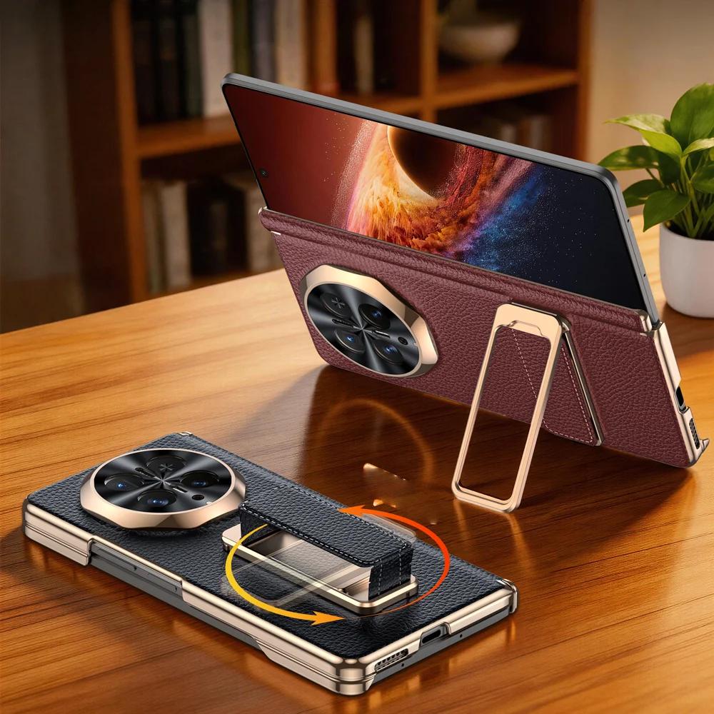 Для Honor Magic V6 Чехол из натуральной кожи с вращающимся ремешком на запястье, подставкой, магнитной двойной осью, гальваническим покрытием, текстурой личи
