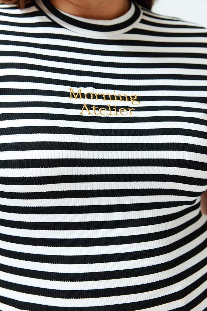Women's Style Plus Size Black-White Striped Knitted T-shirt with Embroidery Detail