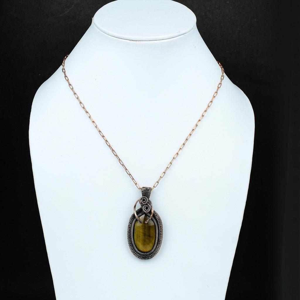 Подвеска из драгоценного камня тигровый глаз, подвеска из медной проволоки, ювелирное изделие из медной проволоки, дизайнерская подвеска ручной работы, подарок для матери, ювелирное изделие из тигрового глаза