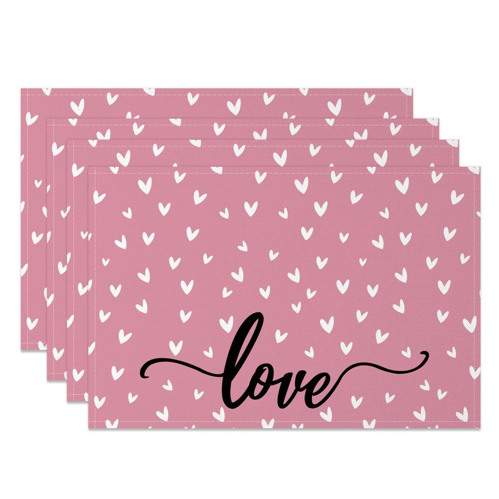Heart Shape Placemats Romantic Love Pattern 4pc Linen Dining Mats Heat Resistant Valentine's Day Wedding Anniversary Party Decor