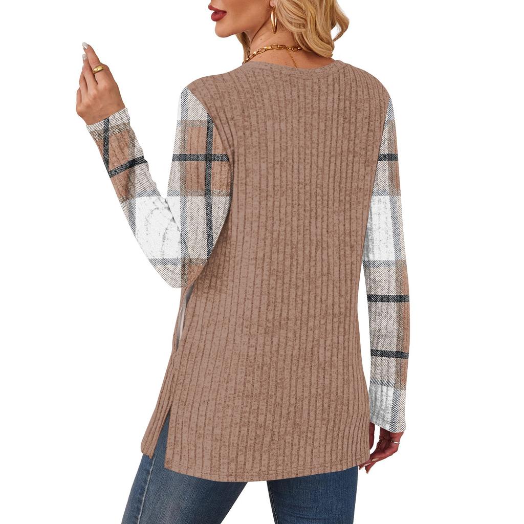 Women's Striped Printed Round-neck Long-sleeved Top With Pockets And Side Slits