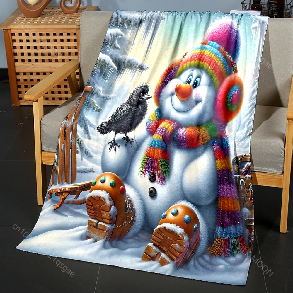 Colorful Snowman with Striped Scarf Pattern Blanket Flannel Material Soft Warm for All Seasons, Home Outdoor Camping Picnics RV