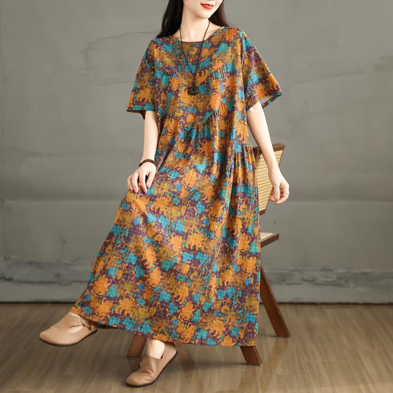 DIMANAF 2025 Summer Women Plus Size Dress Floral Dress Linen Basic Casual Elegant Loose Vintage Dress Maxi