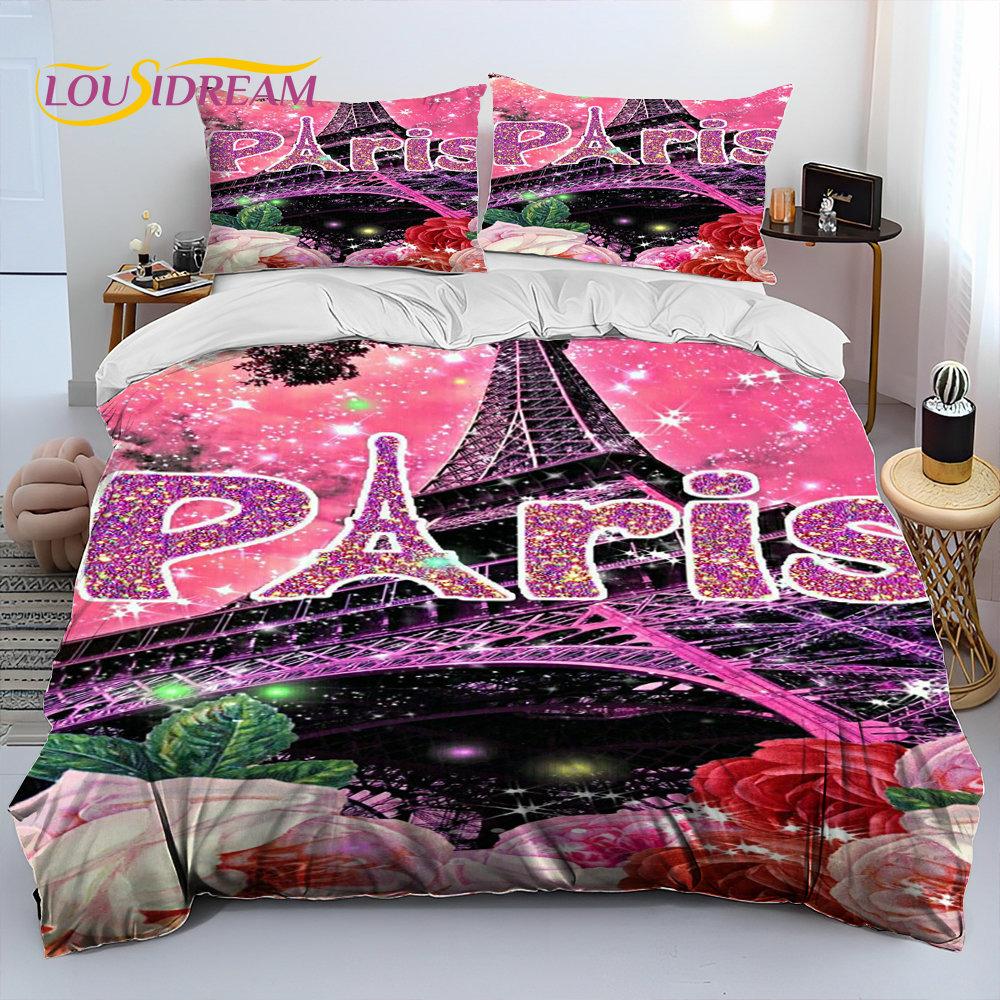 France Paris Eiffel Tower Comforter Bedding Set,Duvet Cover Bed Set Quilt Cover Pillowcase,King Queen Size Bedding Set Kid Adult