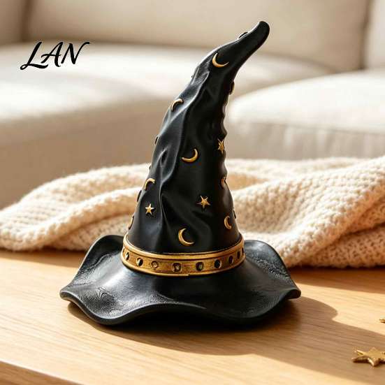 Star Moon Pattern Decor Resin Witch Hat Figurine, Wizard Statue with Tabletop Decorations Patterns, Gothic Halloween Desktop Ornament for Mantel