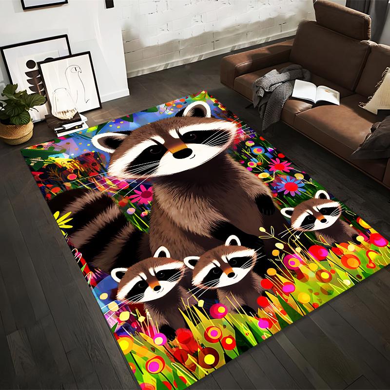 "Colorful Raccoons in Vibrant Floral Meadow Cartoon Design Rug" Suitable for use as an anti-slip for living room bedroom sofas