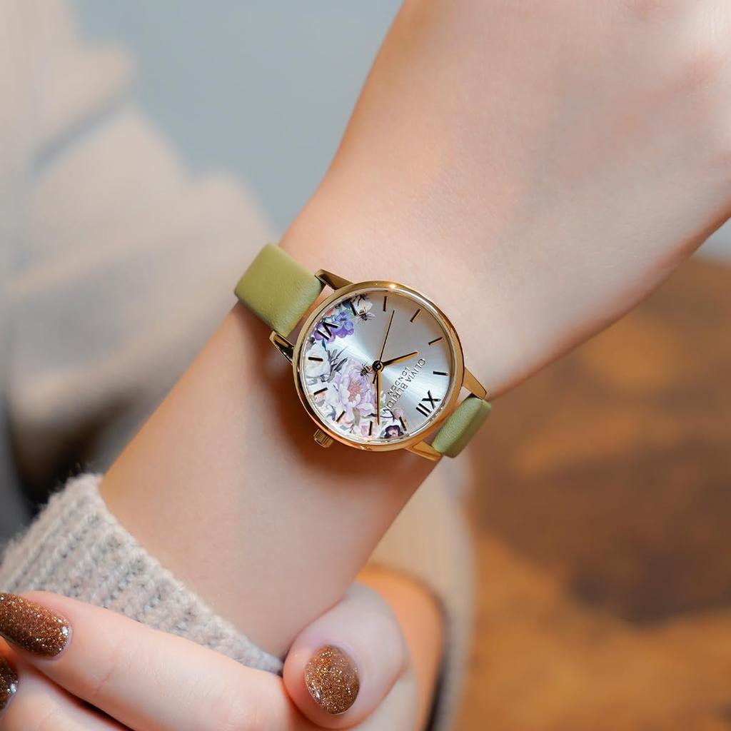 Авторизованный дистрибьютор Olivia Burton Watch Ladies 24000228 Illustrated Floral Midi Ivory Gold Sage Green Leather [OLIVIA BURTON]