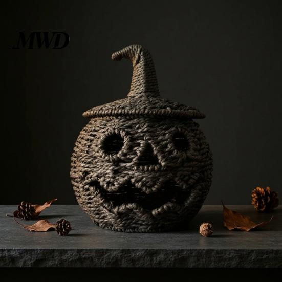 Rustic Seagrass Storage Handwoven Halloween Pumpkin Basket, Spooky Candy Basket with Lid, Vintage Wicker Holder Light Up Lantern LED Candle for Table