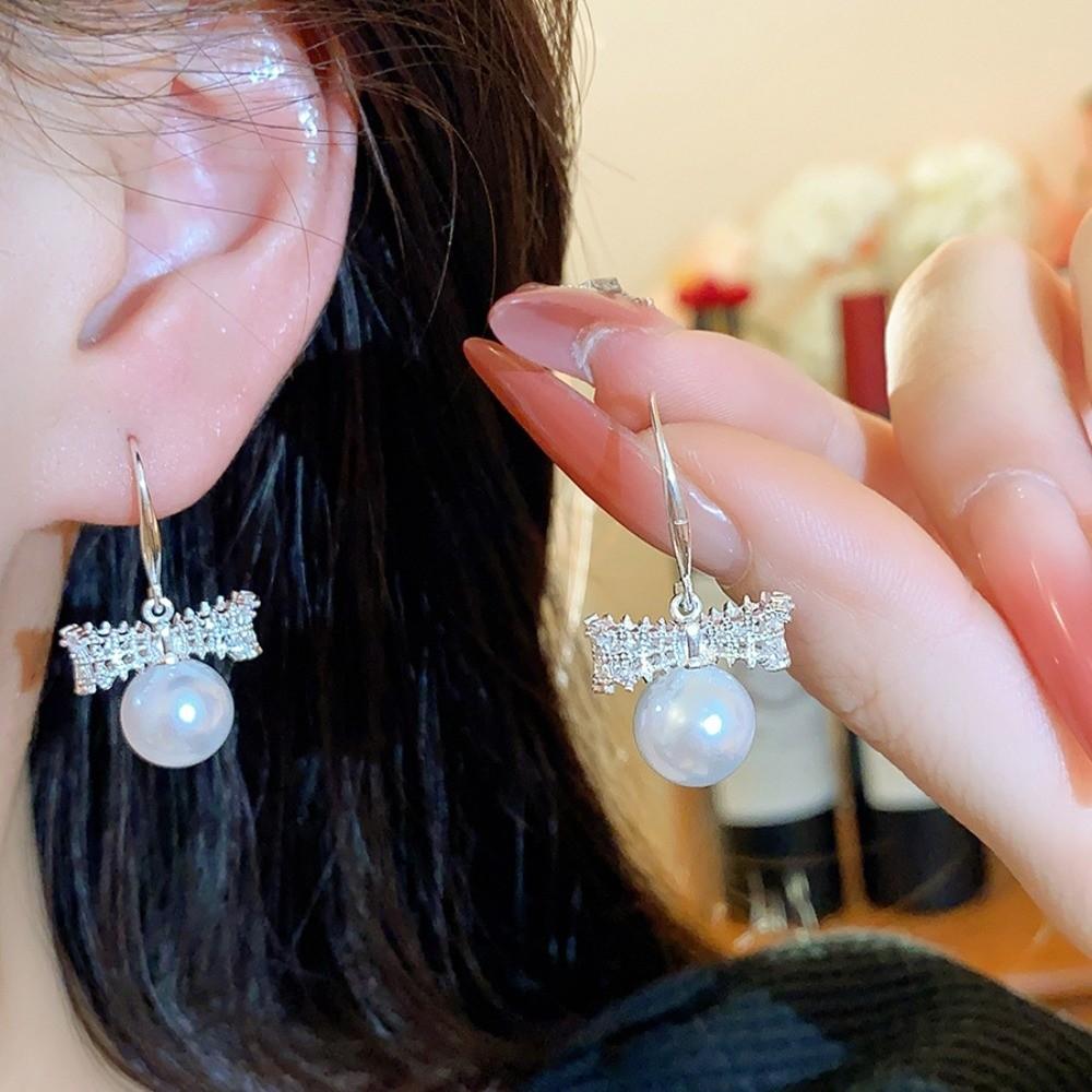 Shell Beads Bow Pearl Long Earrings Simulation Freshwater Pearl Ear Hook Drop Earrings Female