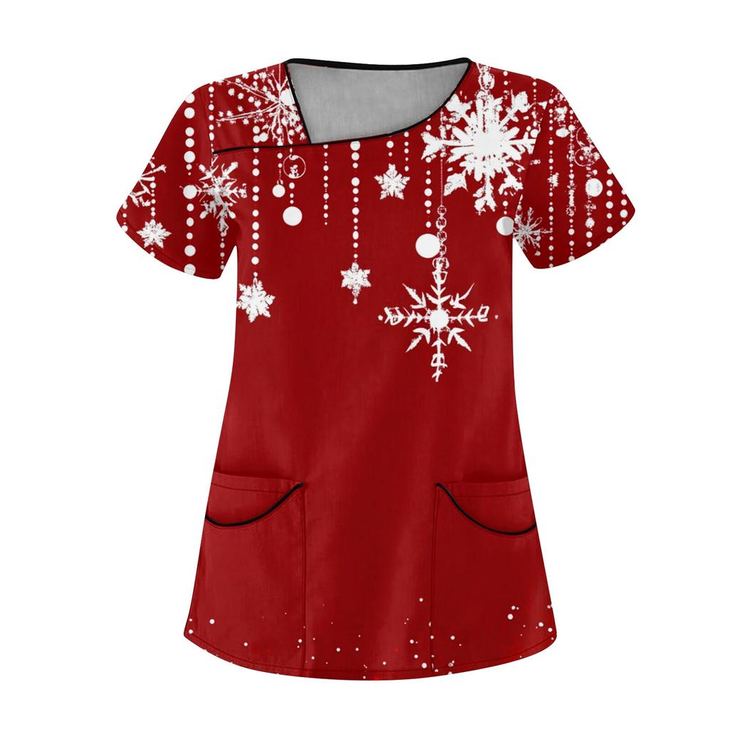 Женская рабочая одежда с рождественским принтом, покатый воротник и двухслойные карманы, базовый пуловер сверху