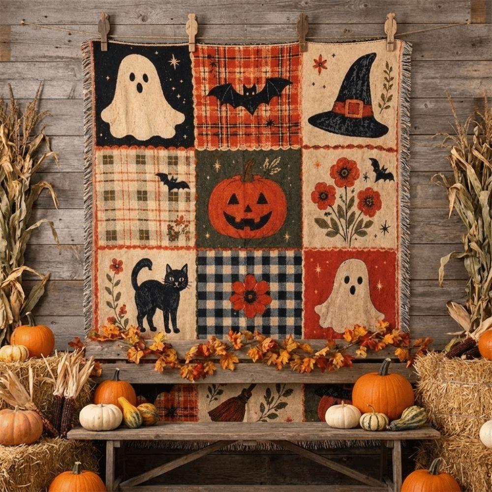 Vintage Halloween Patchwork Blanket Warm Ghost Throw Blanket Pumpkin Ghost Blanket Bedroom