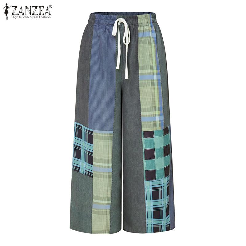 ZANZEA Женские повседневные свободные брюки в стиле пэчворк с эластичной резинкой на талии
