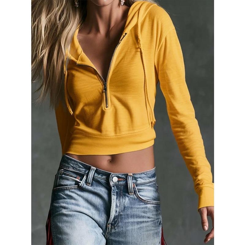 Women S Cropped Hooded V Neck Zipper Casual Street Sweatshirt