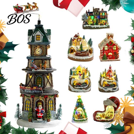 Decorative Resin Figurines 2Pcs Christmas Train Music Box with Rotating Light, Snow Village Carousel Unique Gifts Ornament, Battery/USB Powered