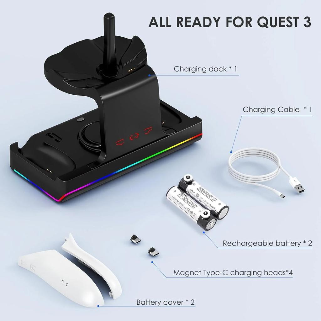 Зарядная база для Meta Quest 3 VR, беспроводная зарядная стойка с RGB-подсветкой, зарядная база, 2 перезаряжаемых аккумулятора для Oculus/Meat Quest 3