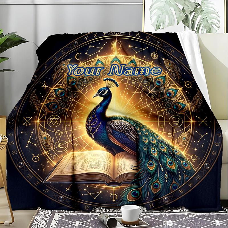 1PC Custom Name "Peacock Magic Circle" flannel blanket versatile,all-season throw suitable for the living room,bedroom,camping,travel,and gift