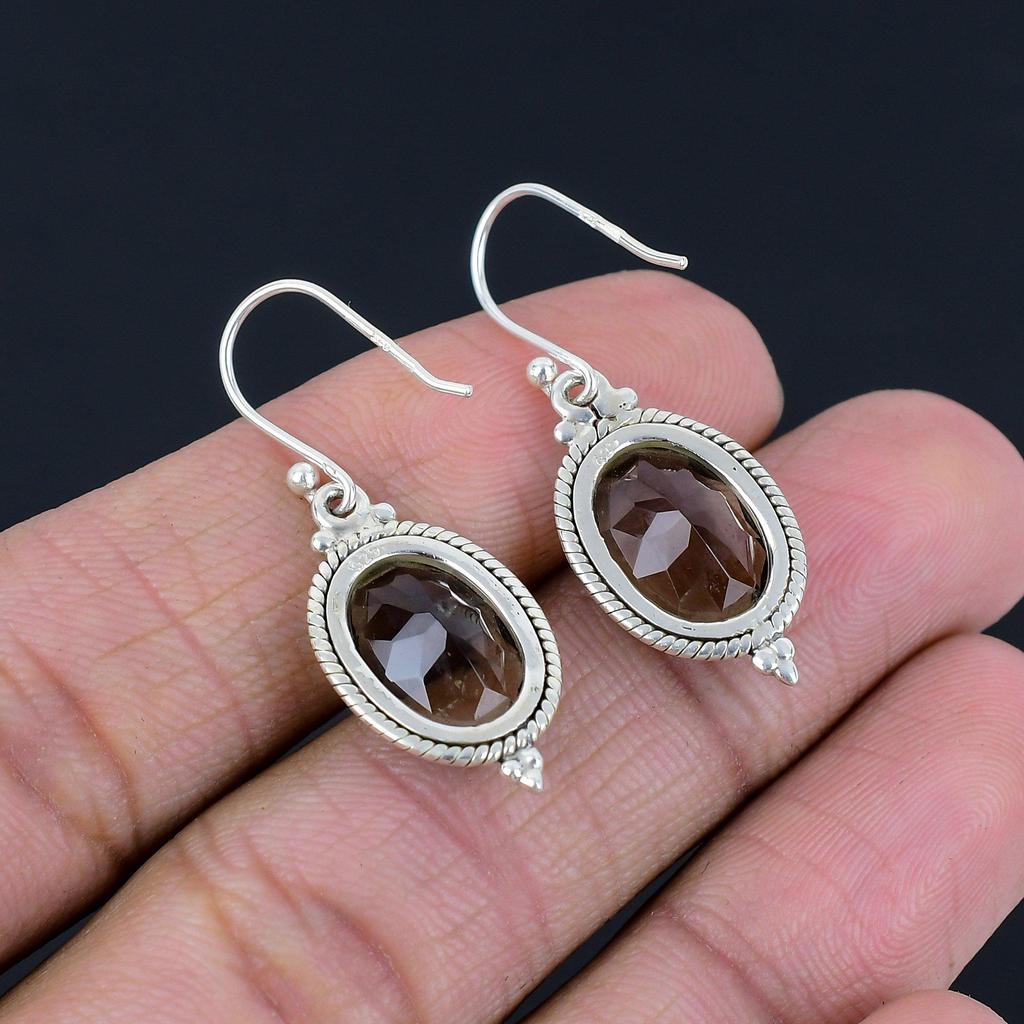 Серьги с граненым дымчатым кварцем, однотонные серьги из стерлингового серебра 925 пробы ручной работы, висячие серьги ручной работы, ювелирные изделия, подарок для женщин и девочек