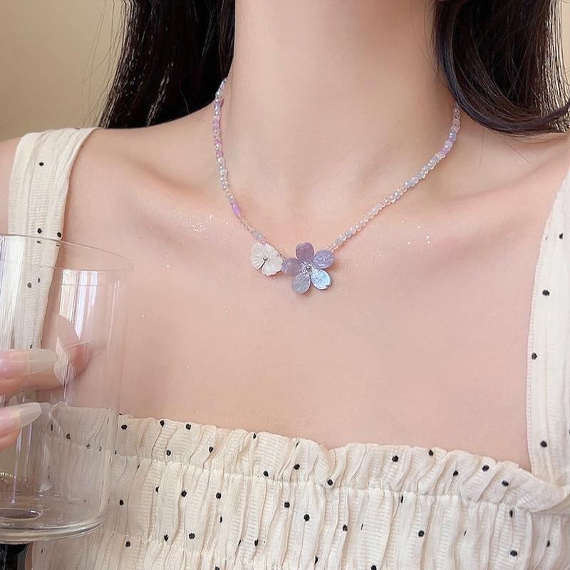 Purple Flower Crystal Bead Necklace Colorful Mixed Glass Beads Gentle Exquisite High-End Sweet Necklace Women's Jewelry Gifts