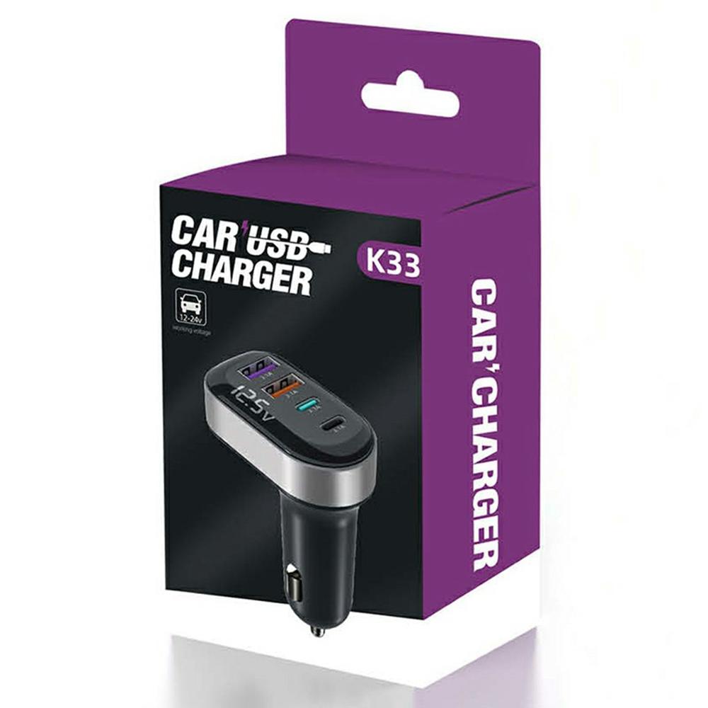 Автомобильное зарядное устройство K33 USB-A + Type-C с 4 портами, адаптер для быстрой зарядки с дисплеем напряжения