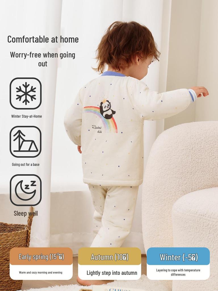 Детский пижамный комплект Jingqi из стеганого хлопка с высокой талией и защитой животика - Теплая, регулирующая температуру домашняя одежда для осени и зимы