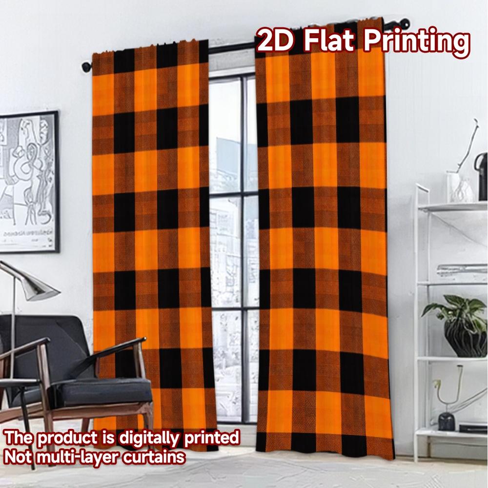2D FLAT PRINTING 2pcs Curtains (Without Rod) Halloween Orange Black Checks Popular Minimalist Curtains Prints Light Filtering