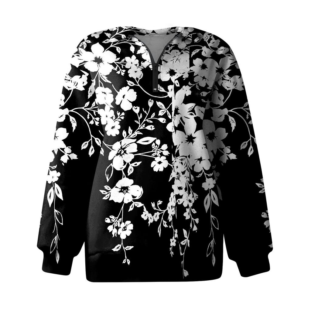 Женская повседневная модная толстовка на молнии с длинным рукавом и цветочным принтом, топ на молнии