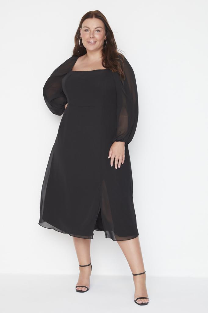 Women's Style Plus Size Black Plus Size Square Neck Slit A-Line Midi Woven Chiffon Dress