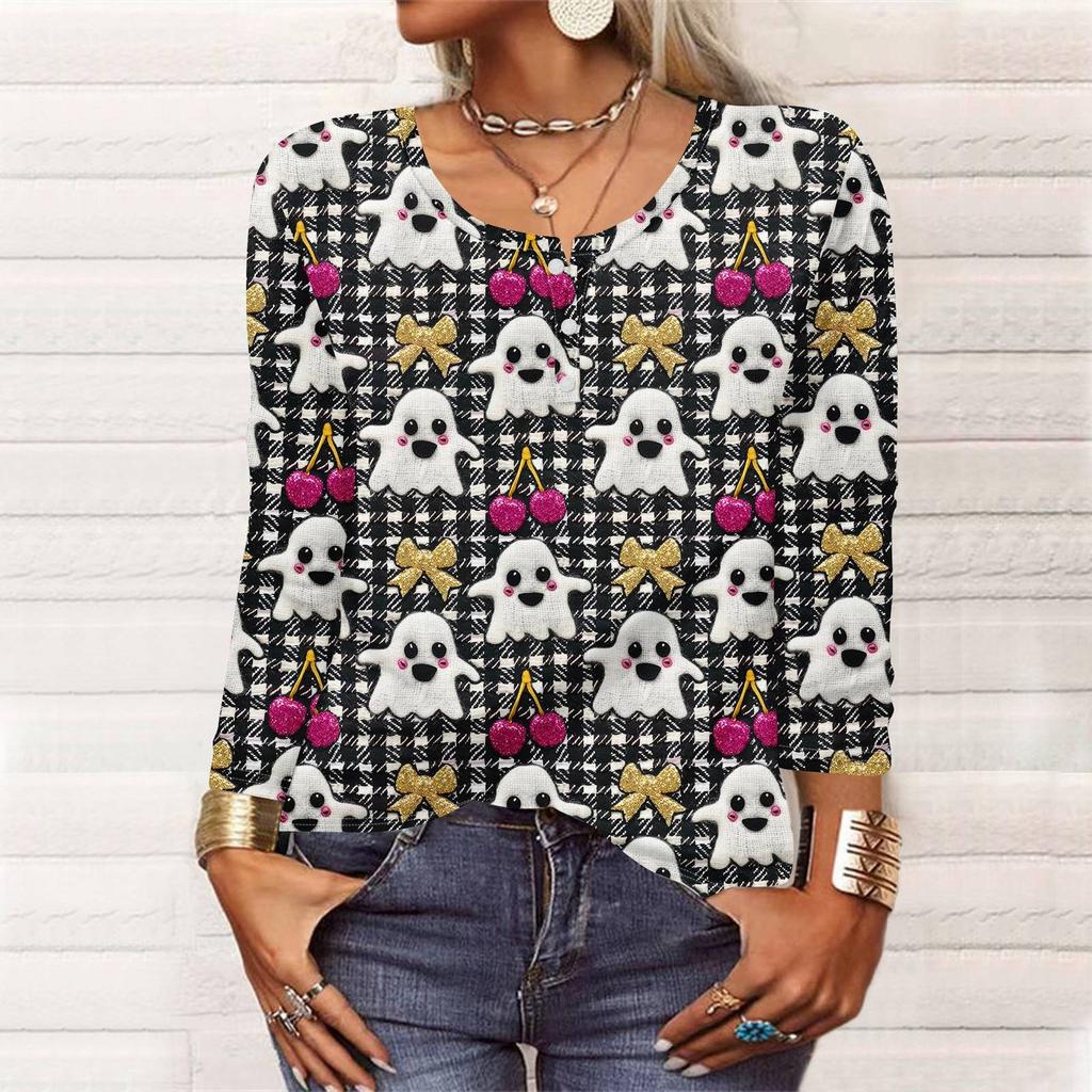 Рубашки с длинным рукавом для женщин, Хэллоуин с рисунком и графическим принтом, футболки, блузки, повседневные базовые топы больших размеров, пуловер