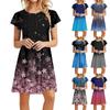 Женское летнее винтажное свободное платье с баской и короткими рукавами с круглым вырезом и принтом