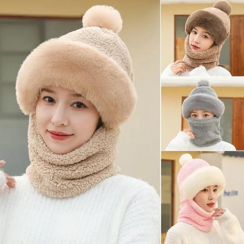 Winter Scarf Set Hooded Women's Plush Scarf Warm Hat Outdoor Ski Windproof Hat Thickened Plush Fluffy Woolen Hat