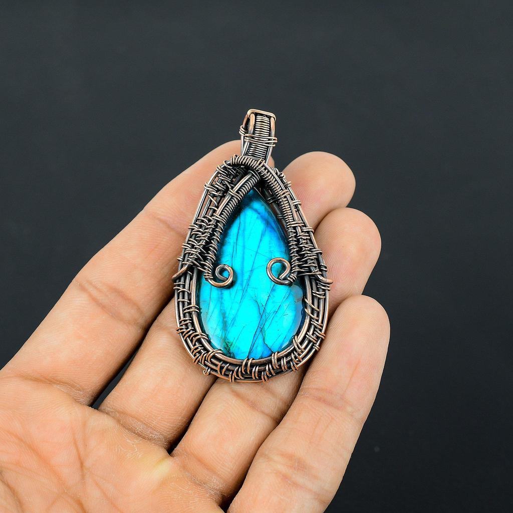 Labradorite Pendant, Handmade Gemstone 999 Copper Wire Wrapped Pendant Antique Jewelry, For Gift Silver Jewelry