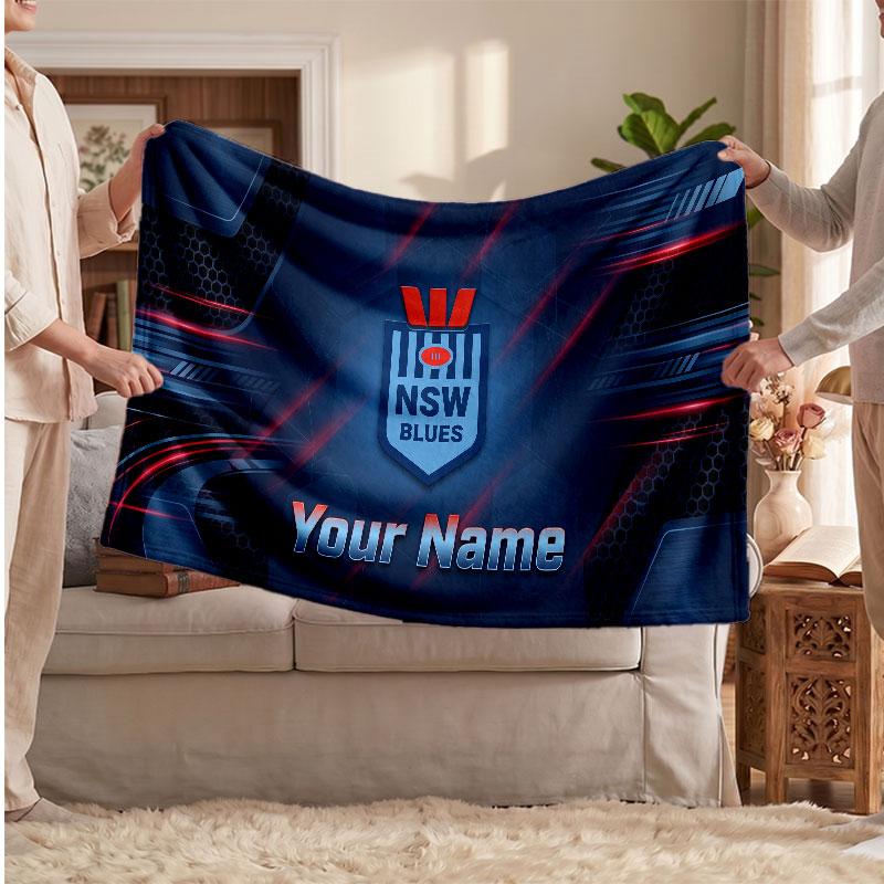 NSW Blues Flannel Blanket, Custom Name Text Personalized Soft Throw Blanket Home Decor Gift