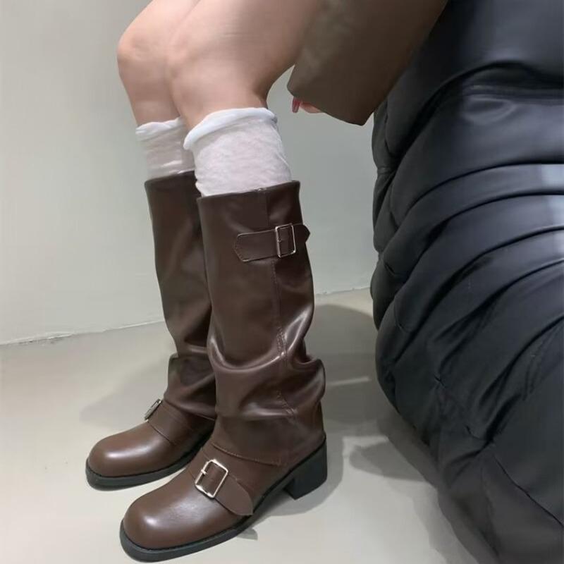 Fashion 2025Woman Boots Knee High Platform Chunky Heels Trend Punk Gothic New Rock Leather Fashion Women's Shoes Motorcycle Footwear