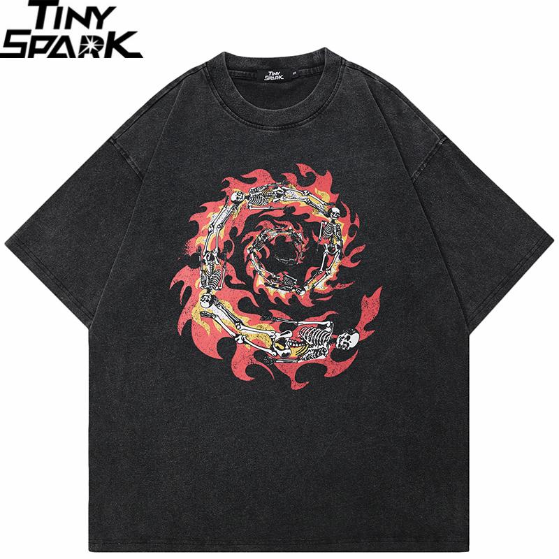 Hip Hop Streetwear 2025 Men T-Shirt Oversized Burning Skull Vintage Graphic T Shirt Cotton Washed Black Tshirt Unisex Tops Tees