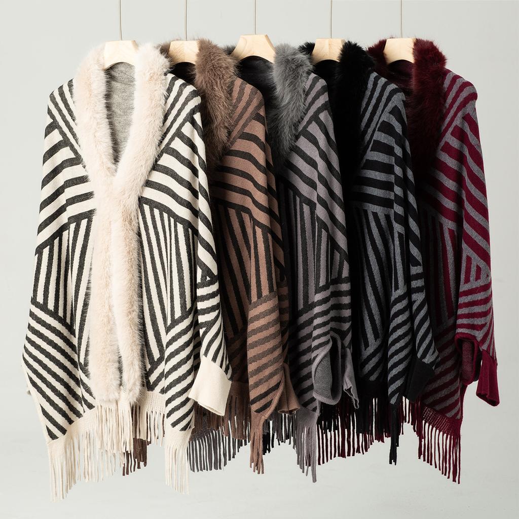 Women's Autumn and Winter Large-size Shawls Fashionable Striped Knitted Wool Collar Cardigan Loose Sweater Cape 5 Colors